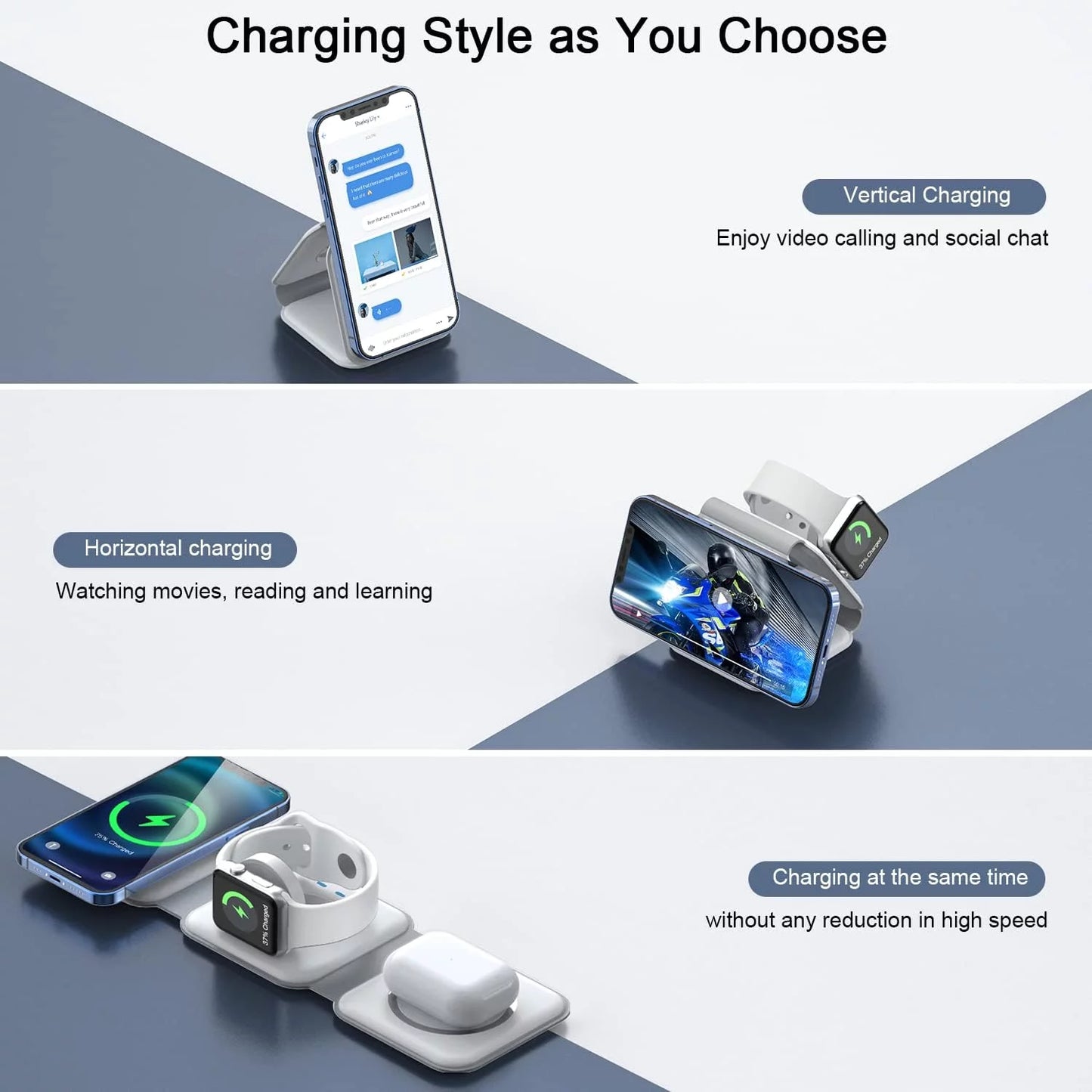 3 in 1 Wireless Charging Station for Multiple Device Apple, Magnetic Foldable Charging Station for Iphone 16/15/14/13 Series, Airpods 4/3/Pro, Iwatch(Adapter Included)