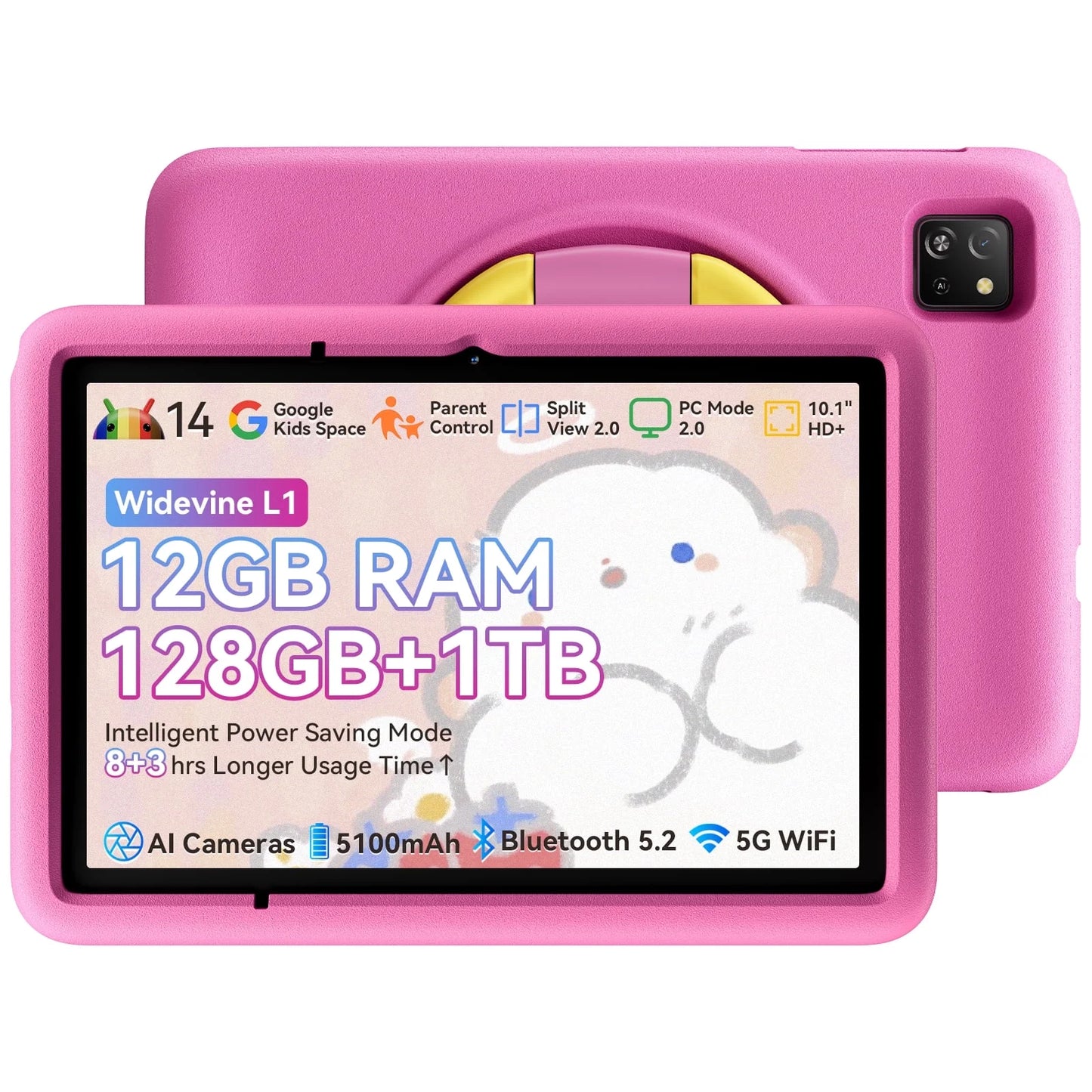 10" Kids Tablet 6GB+64GB Parental Controls Android Tablets Wifi 6 Kid-Proof Case, Tab 30 Kids,Pink