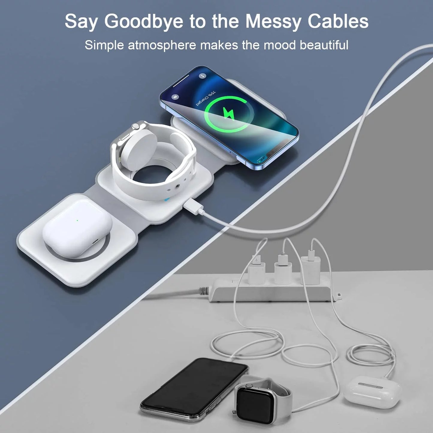 3 in 1 Wireless Charging Station for Multiple Device Apple, Magnetic Foldable Charging Station for Iphone 16/15/14/13 Series, Airpods 4/3/Pro, Iwatch(Adapter Included)