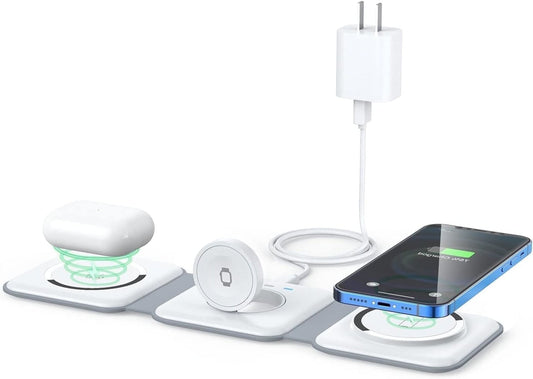 3 in 1 Wireless Charging Station for Multiple Device Apple, Magnetic Foldable Charging Station for Iphone 16/15/14/13 Series, Airpods 4/3/Pro, Iwatch(Adapter Included)