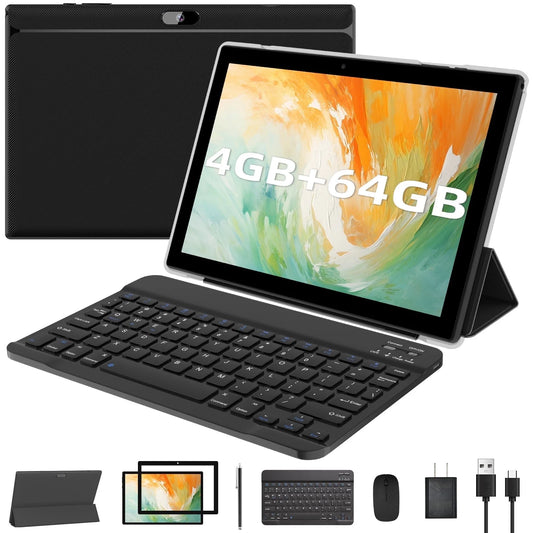 10 Inch Tablet Android, 2 in 1 Tablet with Keyboard, 4GB+64GB Tablet PC, Quad Core, 1280 * 800 HD Screen, Dual Camera, Wi-Fi, BT Computer Tablets with Case Mouse Stylus