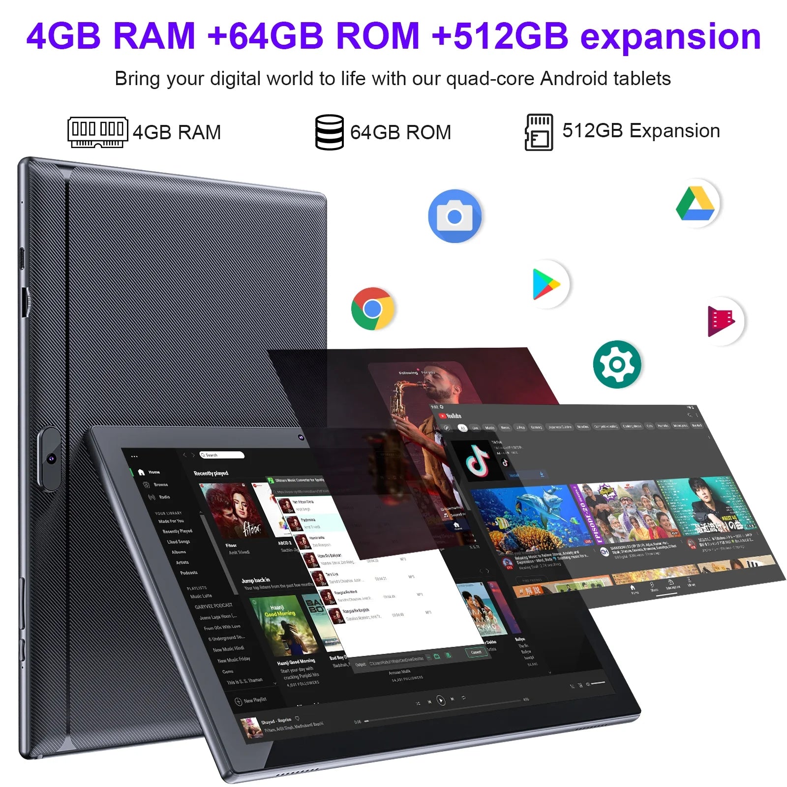 10 Inch Tablet Android, 2 in 1 Tablet with Keyboard, 4GB+64GB Tablet PC, Quad Core, 1280 * 800 HD Screen, Dual Camera, Wi-Fi, BT Computer Tablets with Case Mouse Stylus