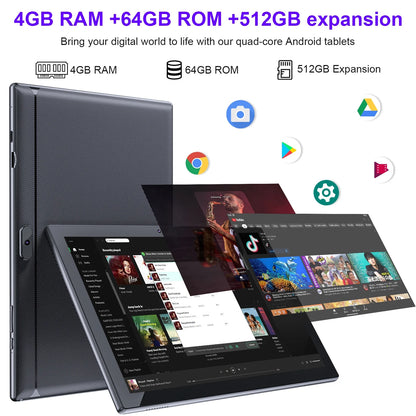 10 Inch Tablet Android, 2 in 1 Tablet with Keyboard, 4GB+64GB Tablet PC, Quad Core, 1280 * 800 HD Screen, Dual Camera, Wi-Fi, BT Computer Tablets with Case Mouse Stylus