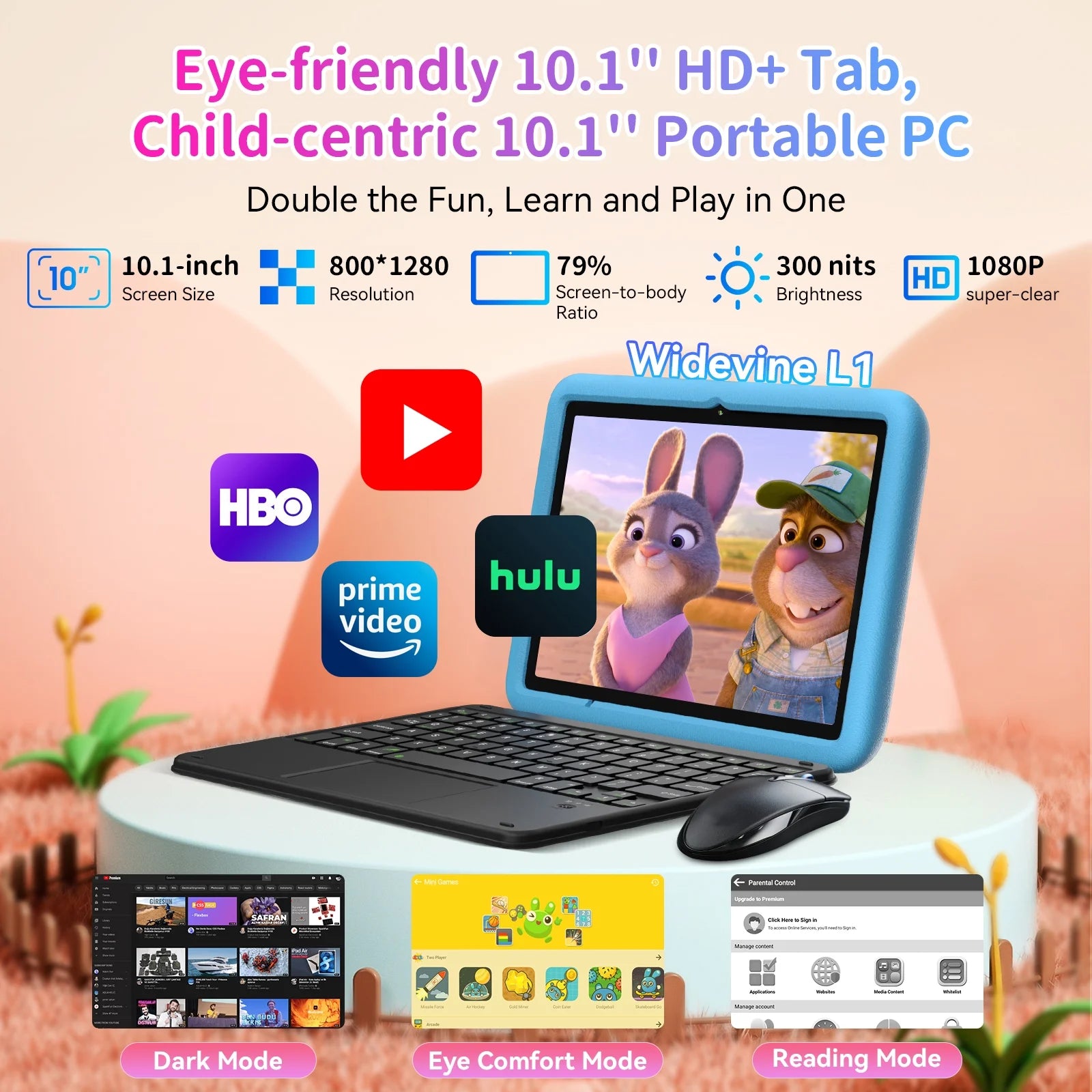 10" Kids Tablet 6GB+64GB Parental Controls Android Tablets Wifi 6 Kid-Proof Case, Tab 30 Kids,Pink